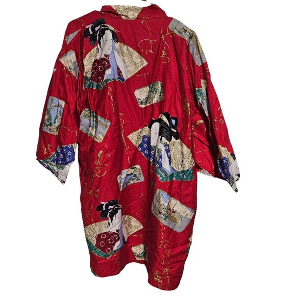 Vintage Red Kimono Robe Japanese Geisha Print Gold Accent Tie Belt Made In Japan - Picture 3 of 7